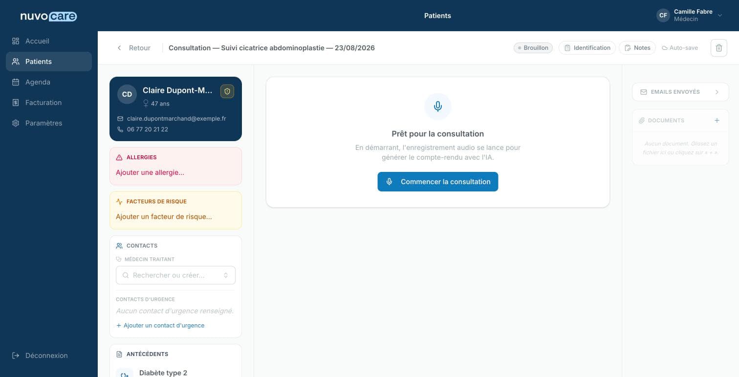 L'écran de consultation de Nuvocare : l'enregistrement audio se lance pour générer le compte rendu avec l'IA, avec les allergies et antécédents du patient en regard