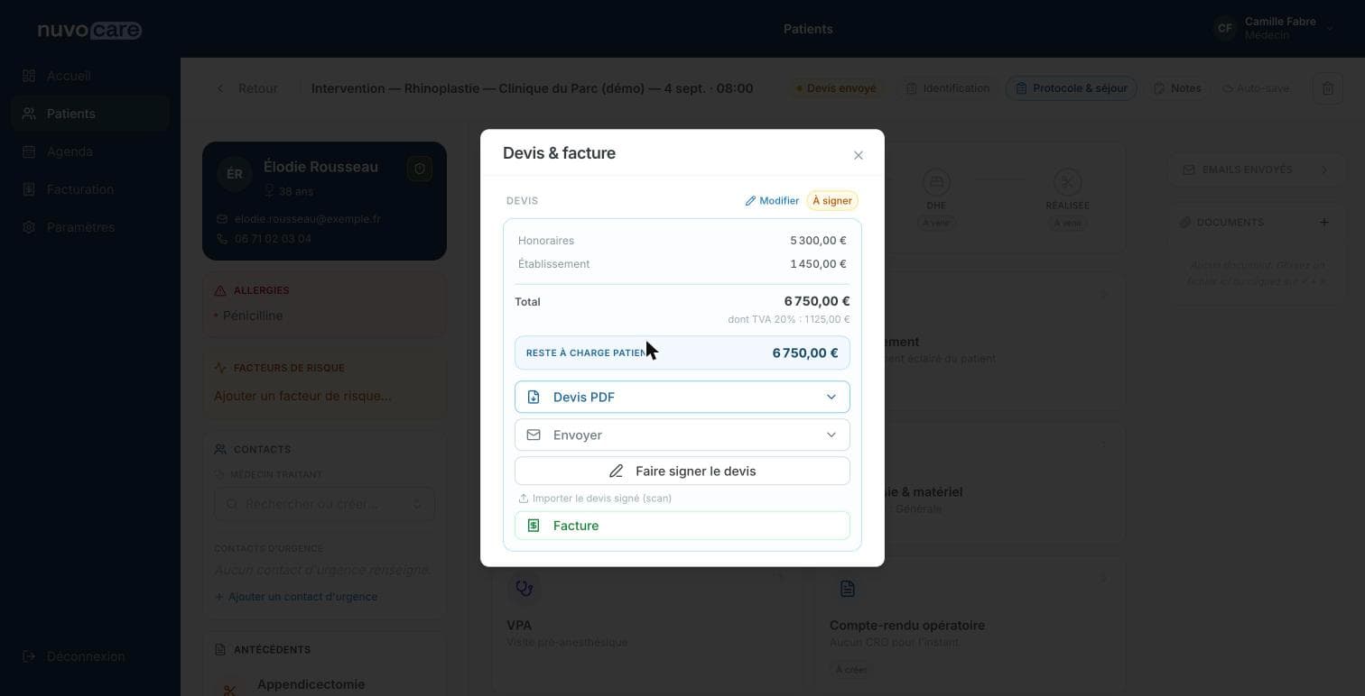 Le devis d'une intervention dans Nuvocare : honoraires et frais d'établissement détaillés, TVA, envoi par email, signature électronique et facture