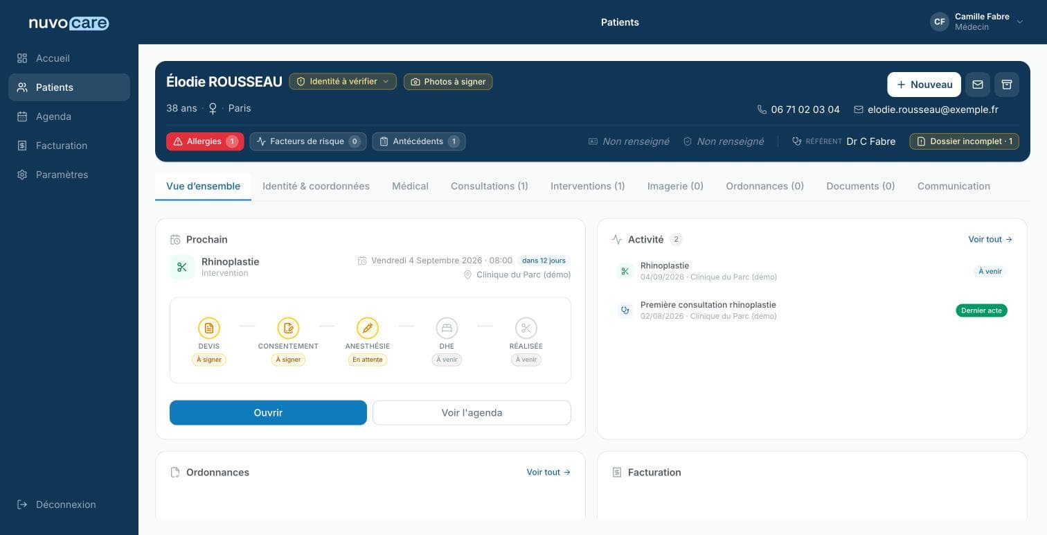Une fiche patient Nuvocare avec le parcours pré-opératoire d'une rhinoplastie : devis, consentement, anesthésie, demande d'hospitalisation, intervention