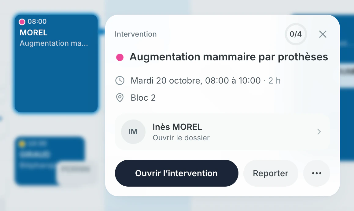 Une intervention ouverte depuis l'agenda : augmentation mammaire, le mardi de 8 h à 10 h au bloc 2, avec l'accès au dossier de la patiente.