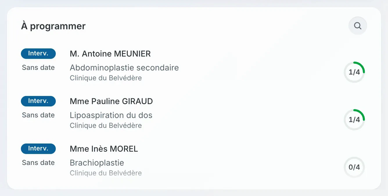 La liste des interventions à programmer : abdominoplastie secondaire, lipoaspiration du dos et brachioplastie, chacune avec sa clinique et un anneau qui indique le nombre d'étapes faites sur quatre.