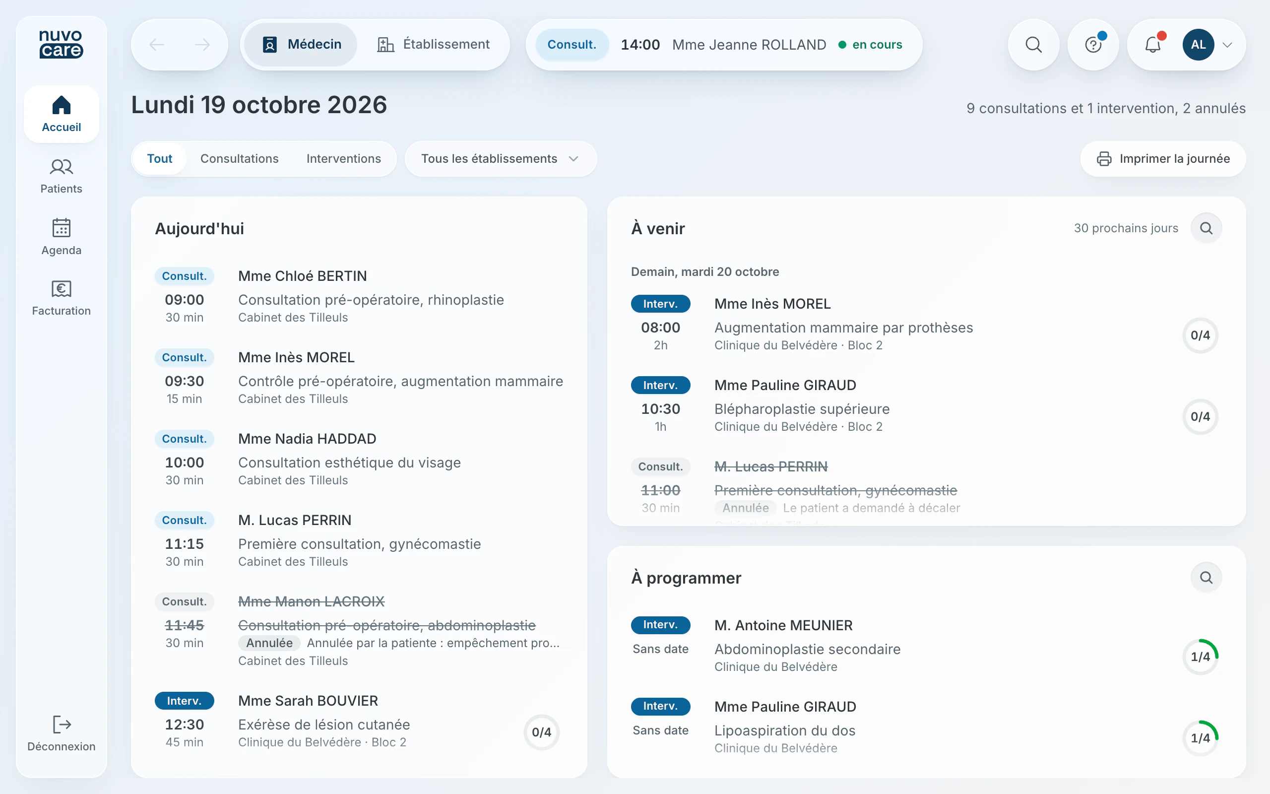 L'accueil de Nuvocare : les rendez-vous du jour à gauche, les interventions à venir et à programmer à droite, avec l'avancement de chacune.