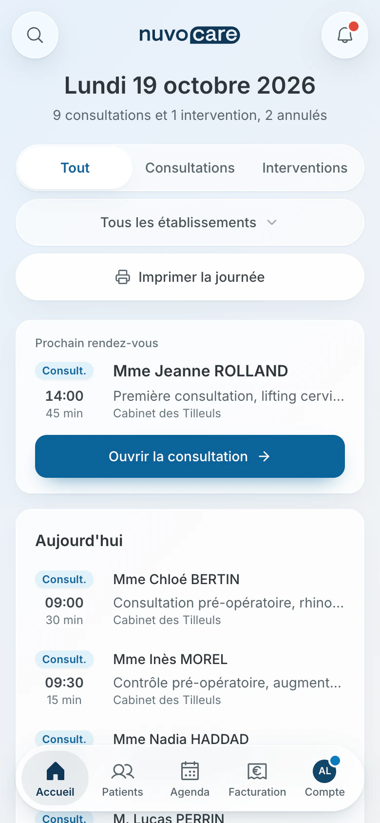 Le même accueil sur téléphone, avec le prochain rendez-vous et le bouton pour ouvrir la consultation.